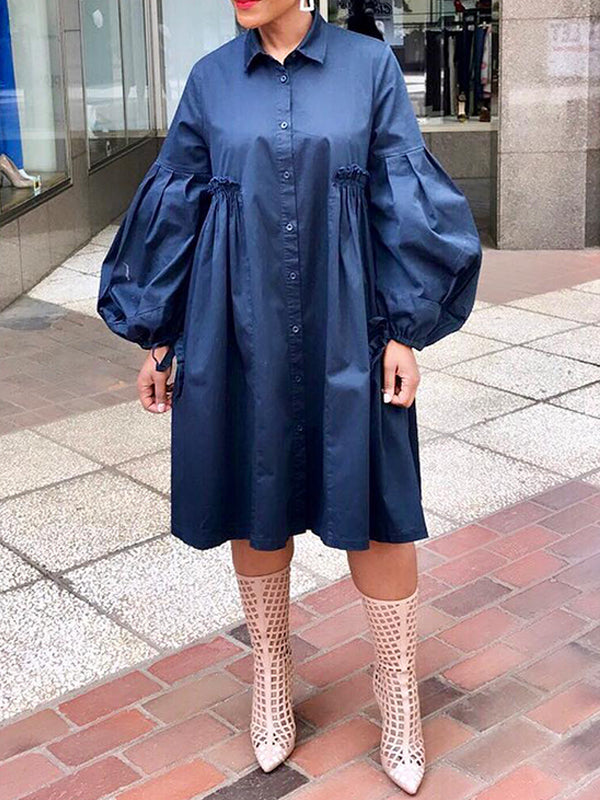 Solid Puff-Sleeve Shirt Dress