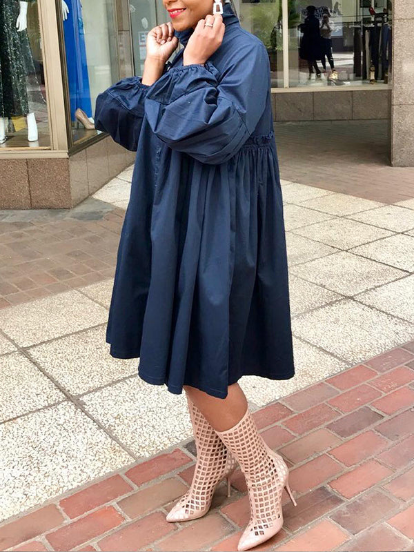 Solid Puff-Sleeve Shirt Dress