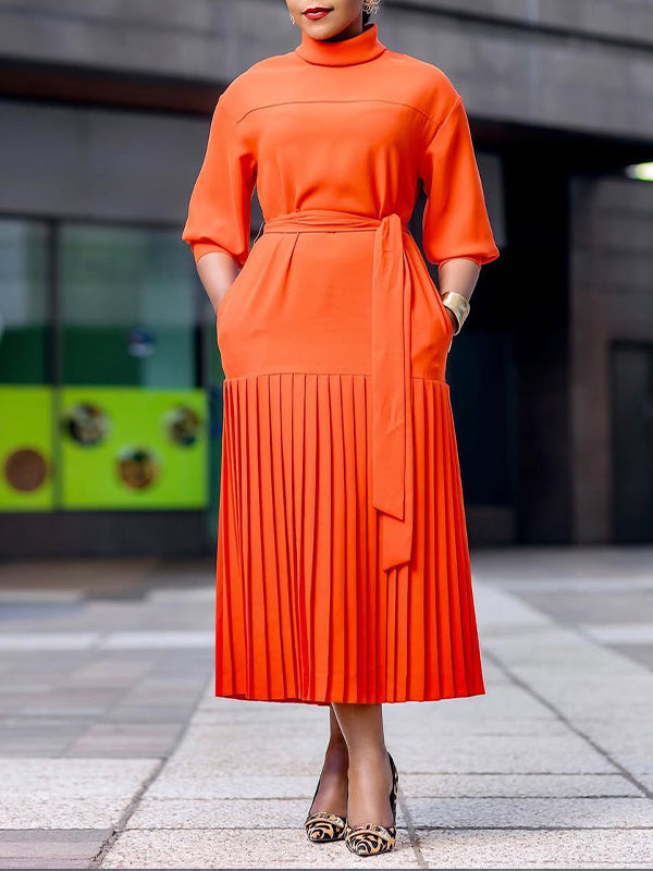 Mock-Neck Tied Pleated Dress
