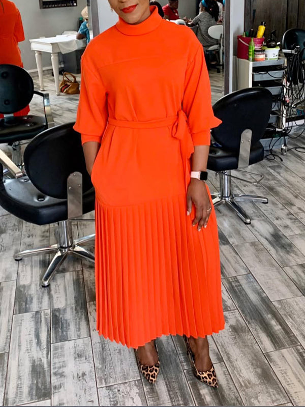 Mock-Neck Tied Pleated Dress