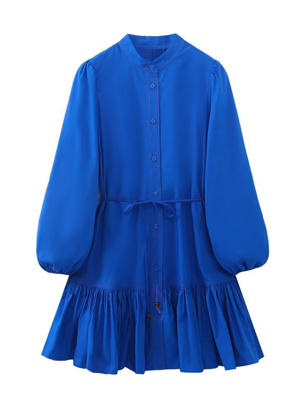 Solid Tied Ruffle Shirt Dress