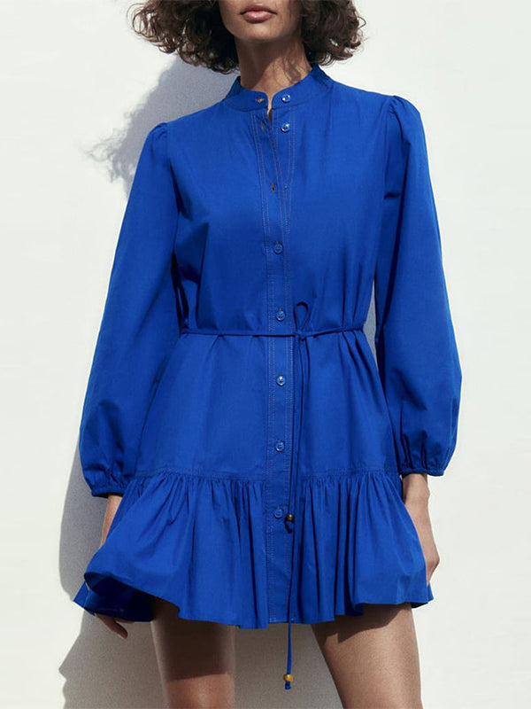 Solid Tied Ruffle Shirt Dress