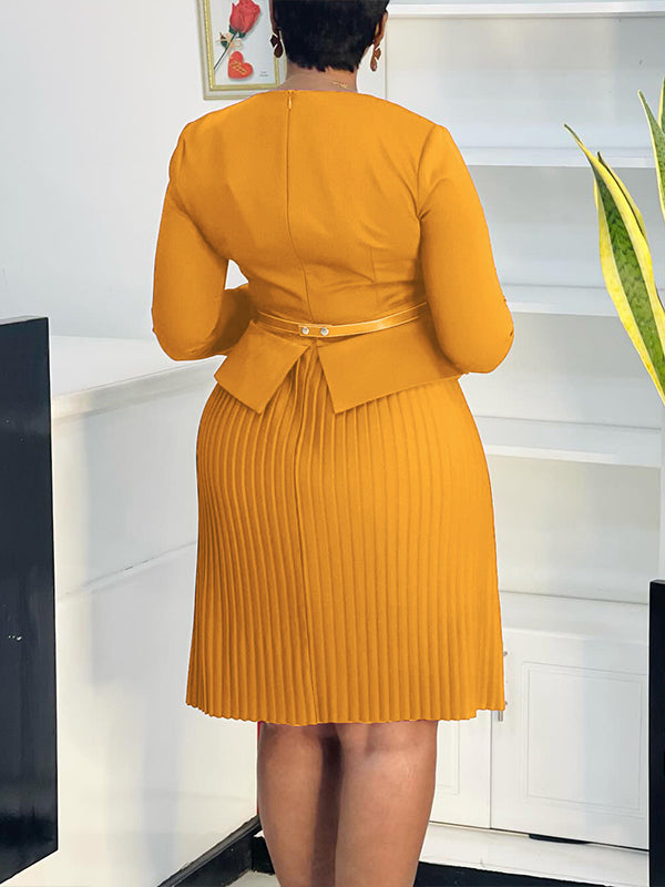 Button-Front Belted Pleated Dress
