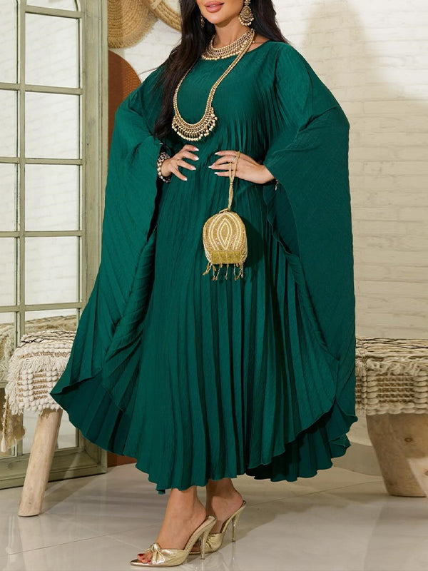 Solid Batwing-Sleeve Pleated Dress