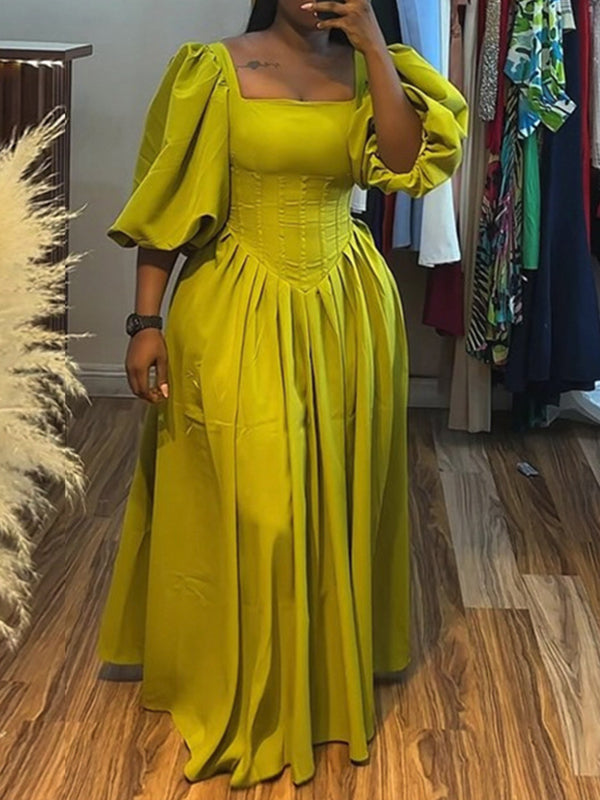 Square-Neck Puff-Sleeve Maxi Dress