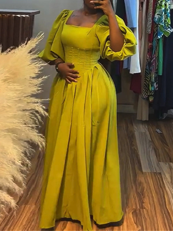 Square-Neck Puff-Sleeve Maxi Dress