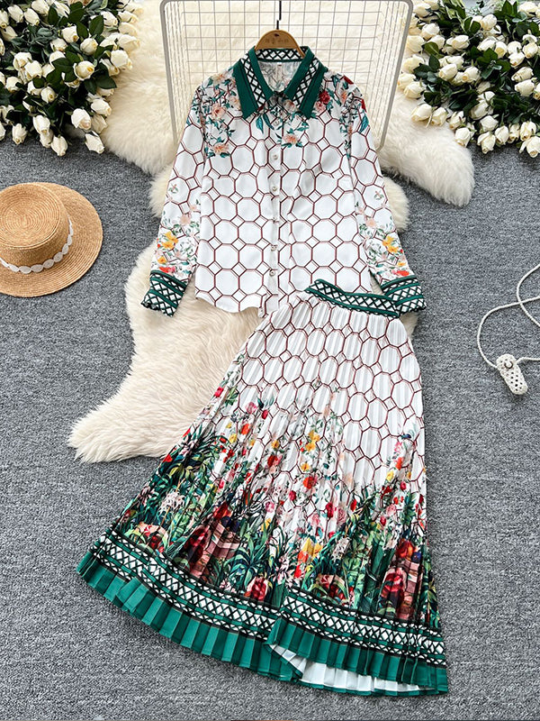 Printed Shirt & Pleated Skirt Set