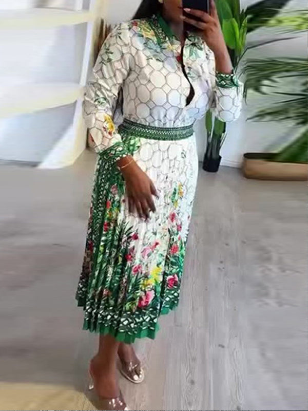Printed Shirt & Pleated Skirt Set