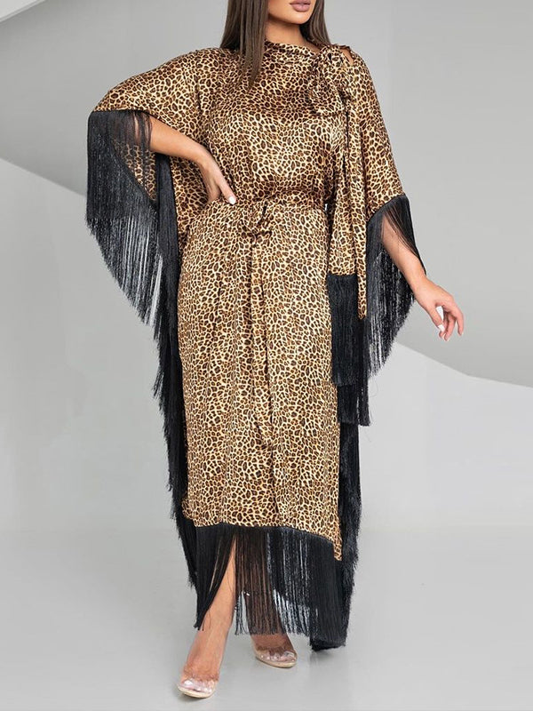 Fringe Combo Leopard Dress