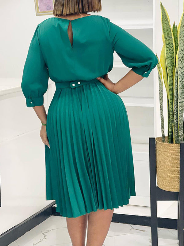 Solid Belted Pleated Dress