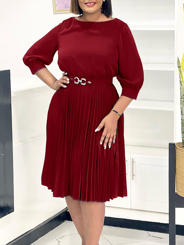 Solid Belted Pleated Dress