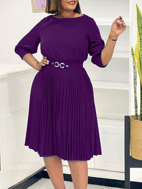 Solid Belted Pleated Dress