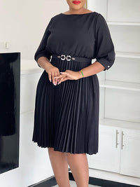 Solid Belted Pleated Dress