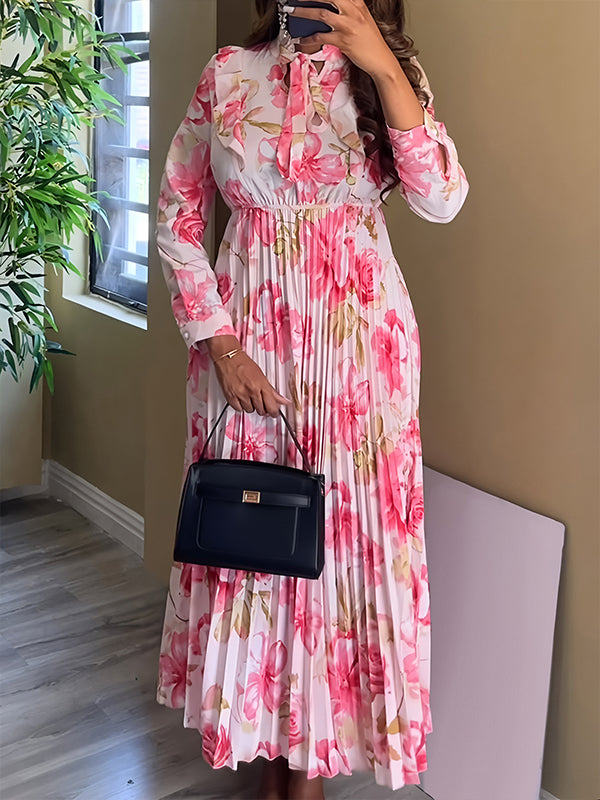Printed Tied-Neck Pleated Dress