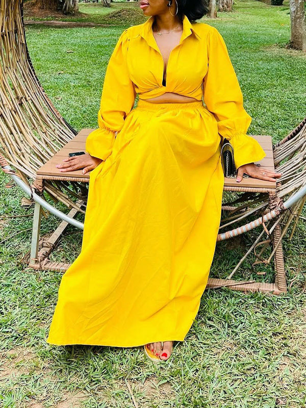 Solid Bell-Sleeve Shirt & Skirt Set