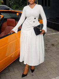 V-Neck Button Pleated Dress