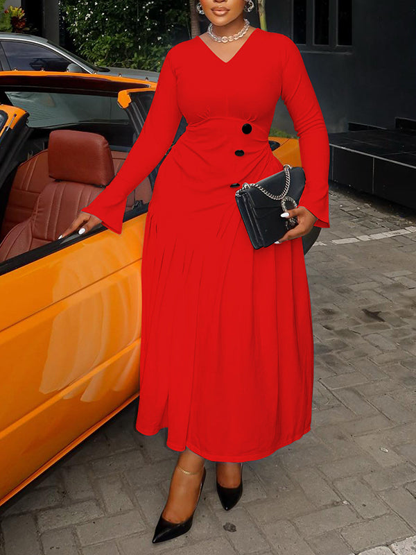 V-Neck Button Pleated Dress