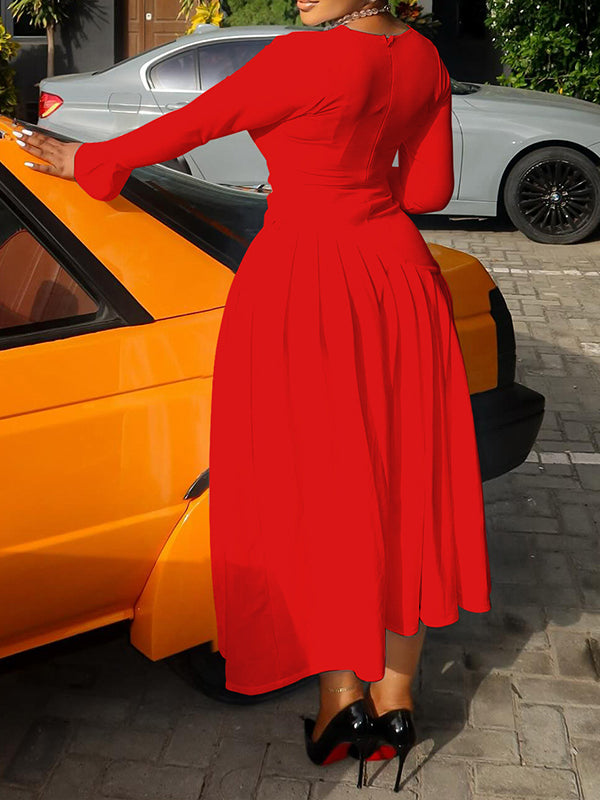 V-Neck Button Pleated Dress