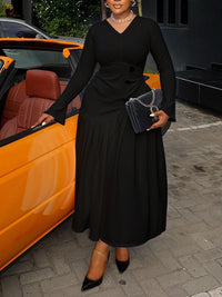 V-Neck Button Pleated Dress