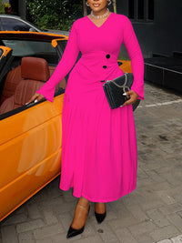 V-Neck Button Pleated Dress