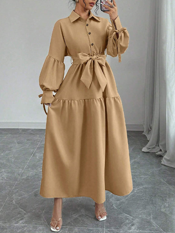 Solid Puff-Sleeve Tied Shirt Dress
