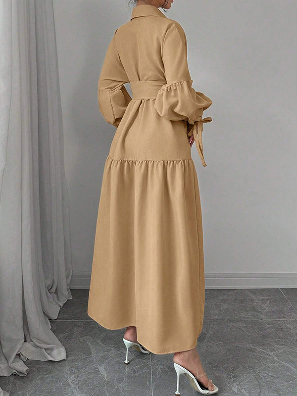 Solid Puff-Sleeve Tied Shirt Dress