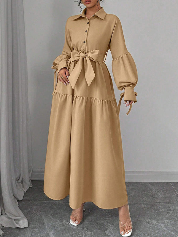 Solid Puff-Sleeve Tied Shirt Dress