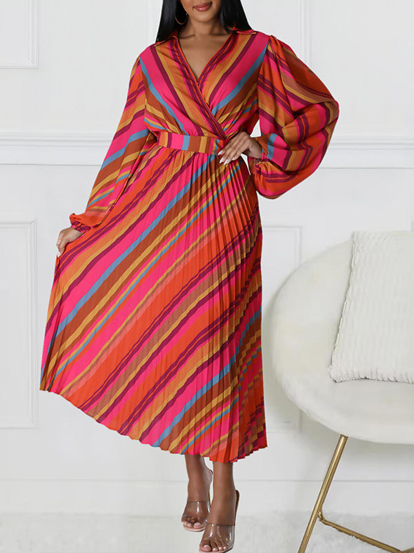 Stripe V-Neck Pleated Dress