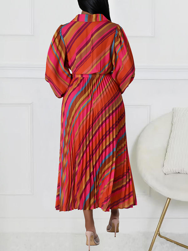 Stripe V-Neck Pleated Dress