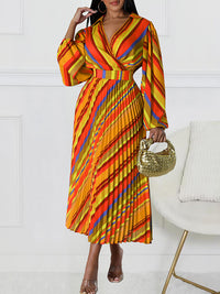 Stripe V-Neck Pleated Dress