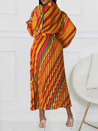 Stripe V-Neck Pleated Dress