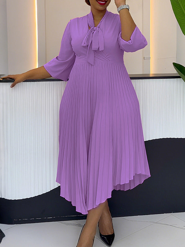 Solid Tied-Neck Pleated Dress