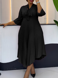 Solid Tied-Neck Pleated Dress