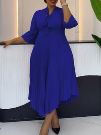 Solid Tied-Neck Pleated Dress