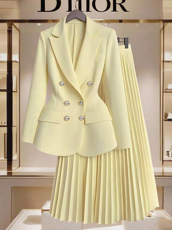 Solid Blazer & Pleated Skirt Set