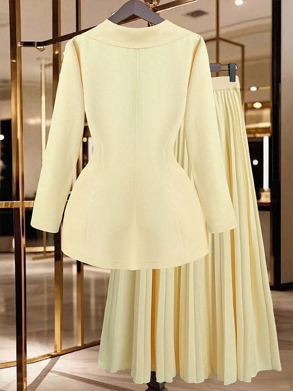 Solid Blazer & Pleated Skirt Set