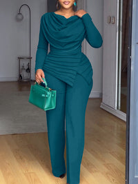Solid Cowl-Neck Ruched Jumpsuit