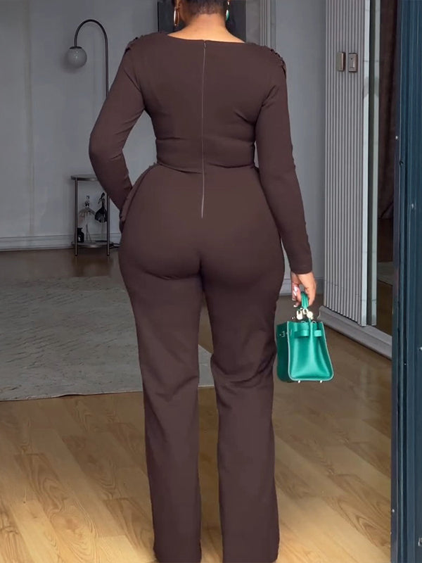 Solid Cowl-Neck Ruched Jumpsuit