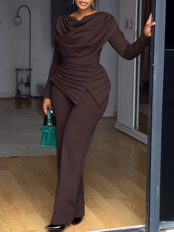 Solid Cowl-Neck Ruched Jumpsuit