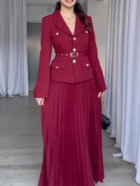 Solid Blazer & Pleated Skirt Set