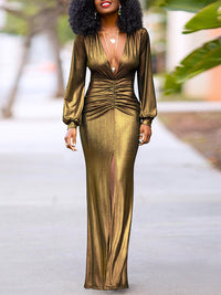 Metallic V-Neck Maxi Dress