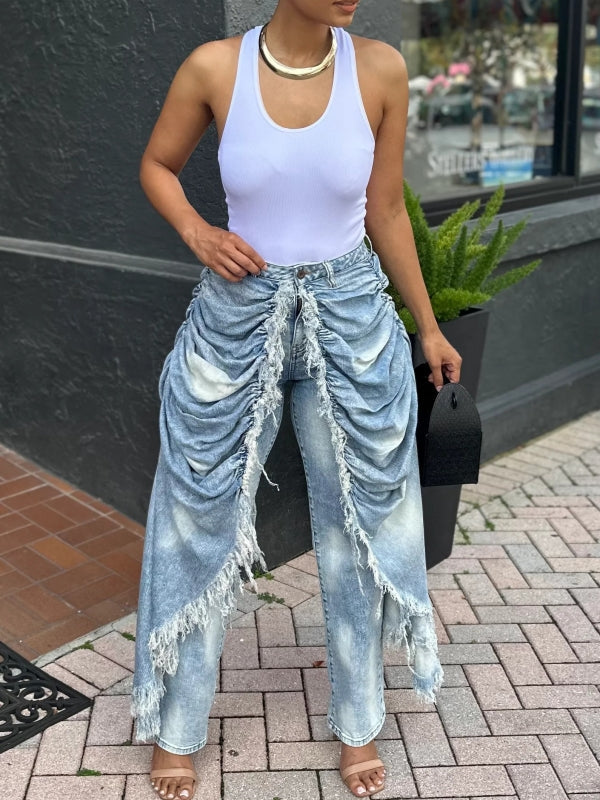 Ruched Draped Jeans - Queenfy