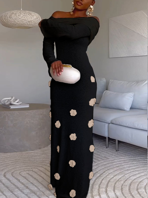 Solid Floral Off-Shoulder Dress