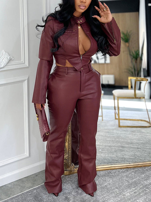 Faux-Leather Jacket & Pants Set