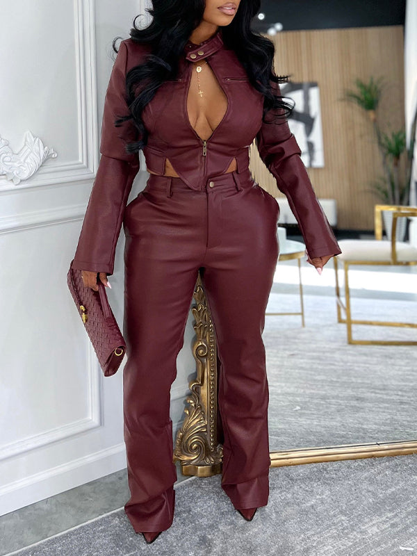 Faux-Leather Jacket & Pants Set