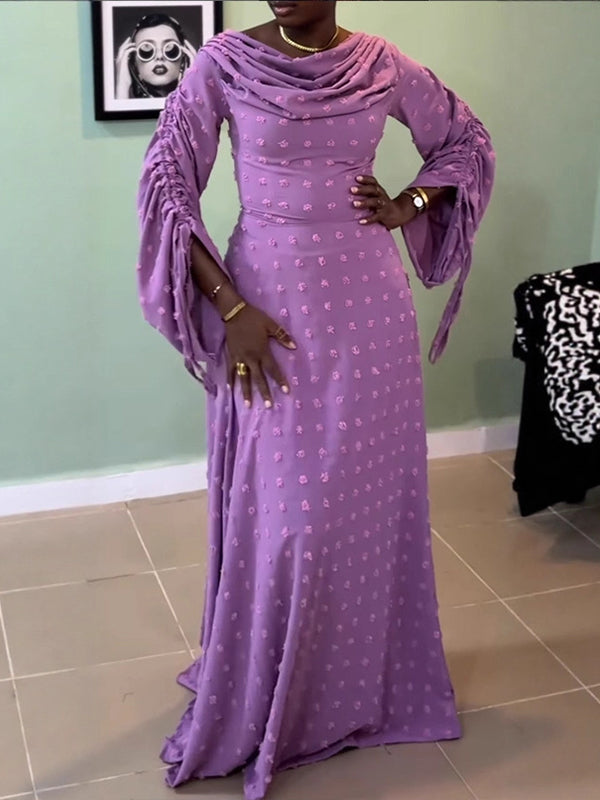 Cowl-Neck Ruched-Sleeve Maxi Dress