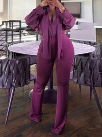 Solid Tie-Neck Shirt & Pants Set