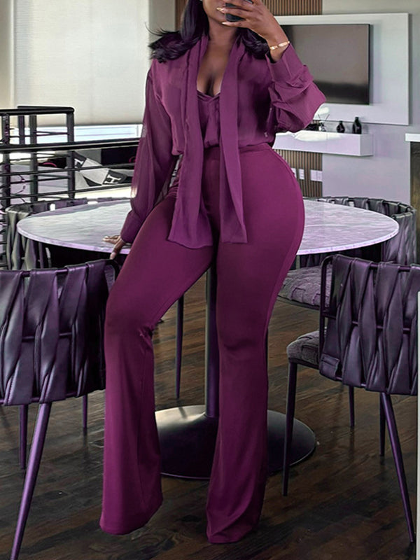 Solid Tie-Neck Shirt & Pants Set