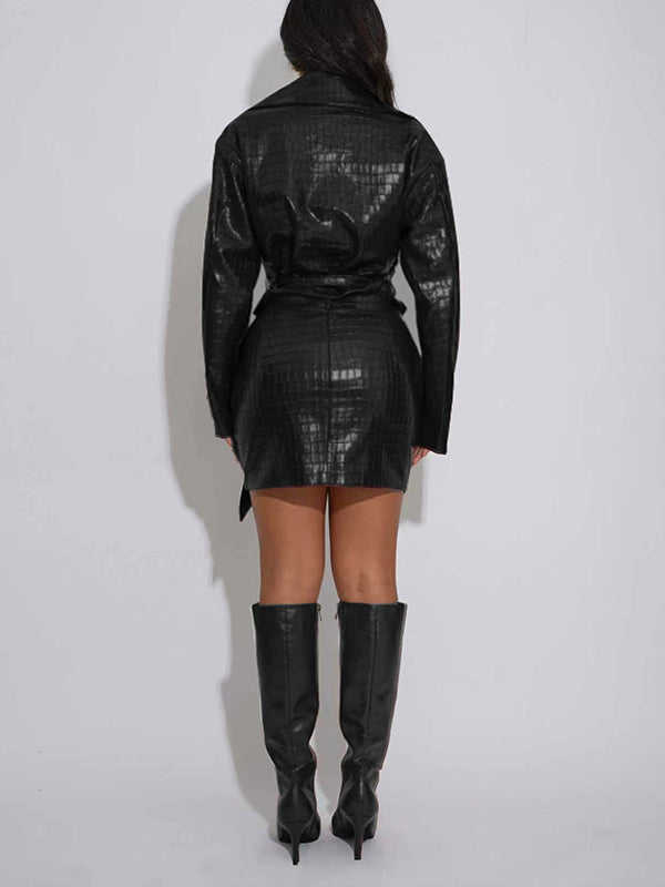 Faux-Leather Tied Jacket & Skirt Set