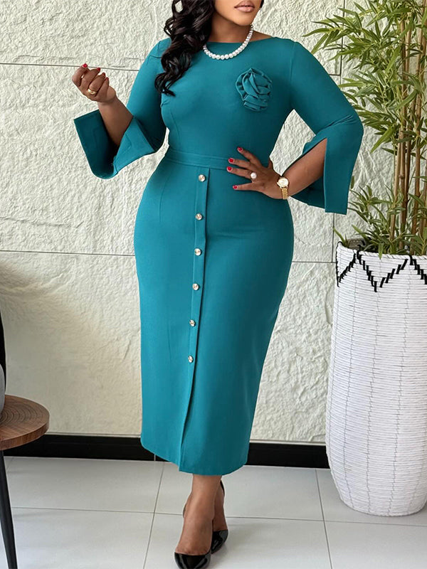 Solid Floral Button Dress